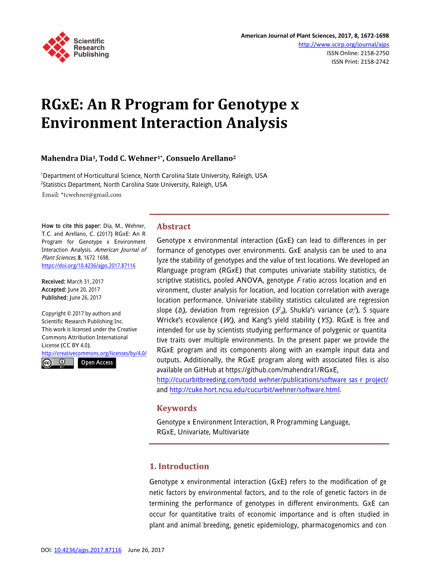 Pdf Rgxe An R Program For Genotype X Environment Interaction Analysis