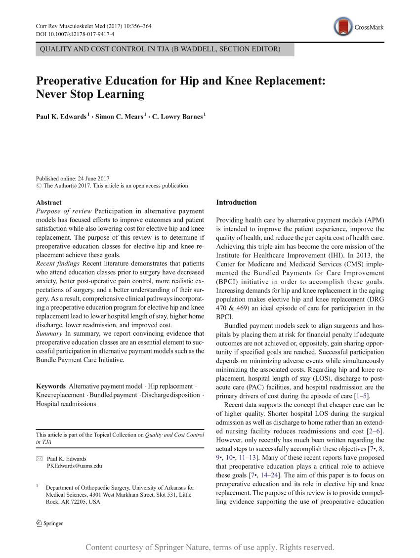 Pdf Preoperative Education For Hip And Knee Replacement Never Stop Learning