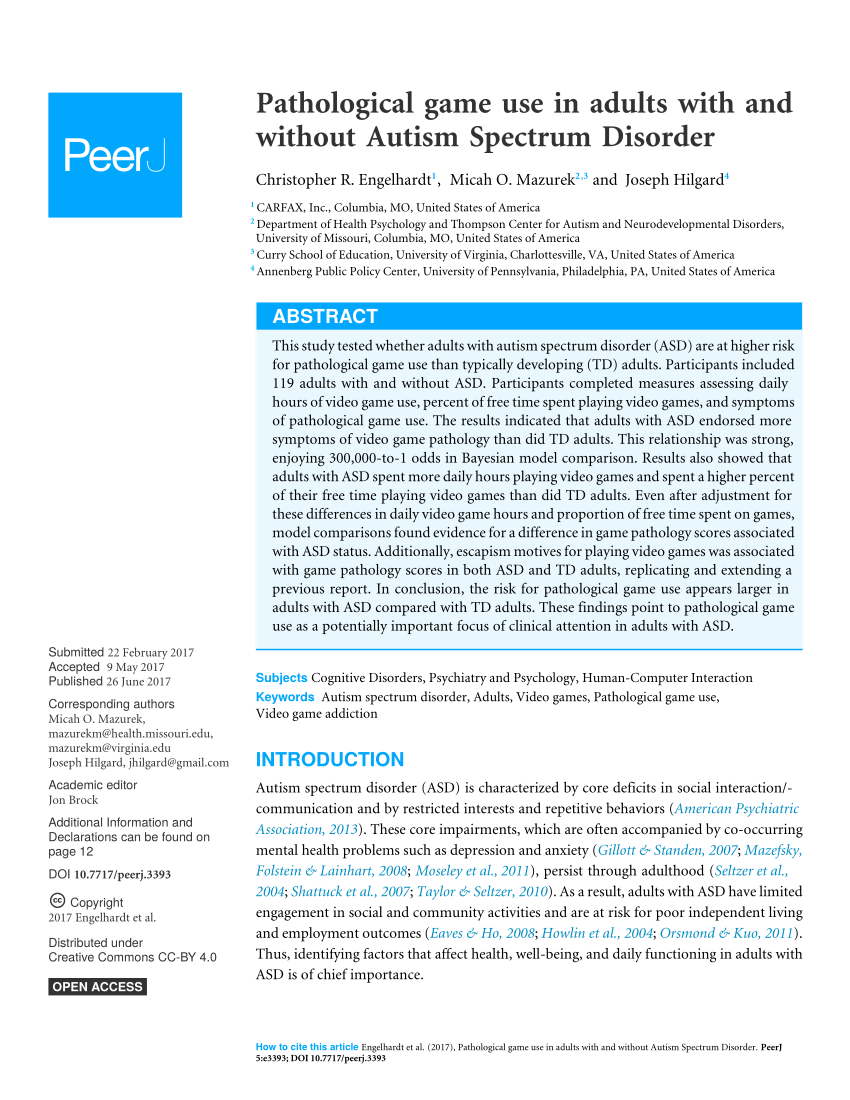 Pdf Pathological Game Use In Adults With And Without Autism Spectrum Disorder