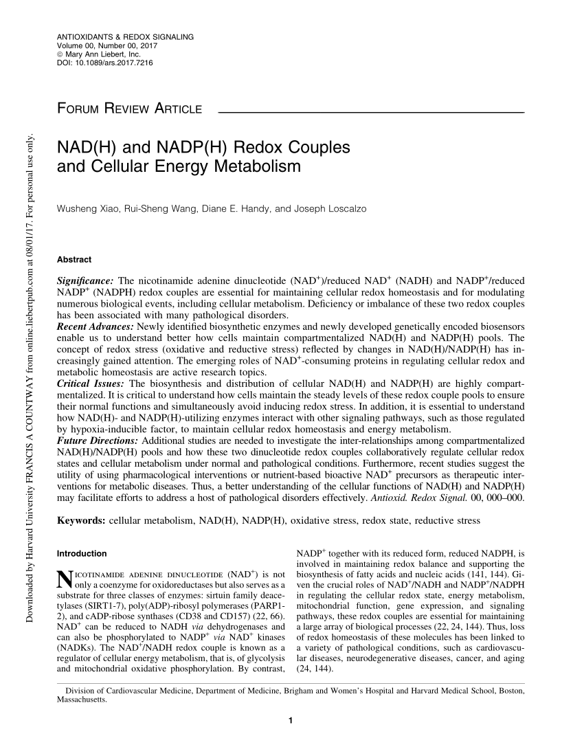 Pdf Nad H And Nadp H Redox Couples And Cellular Energy Metabolism