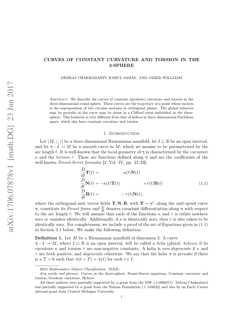 Pdf Curves Of Constant Curvature And Torsion In The 3 Sphere