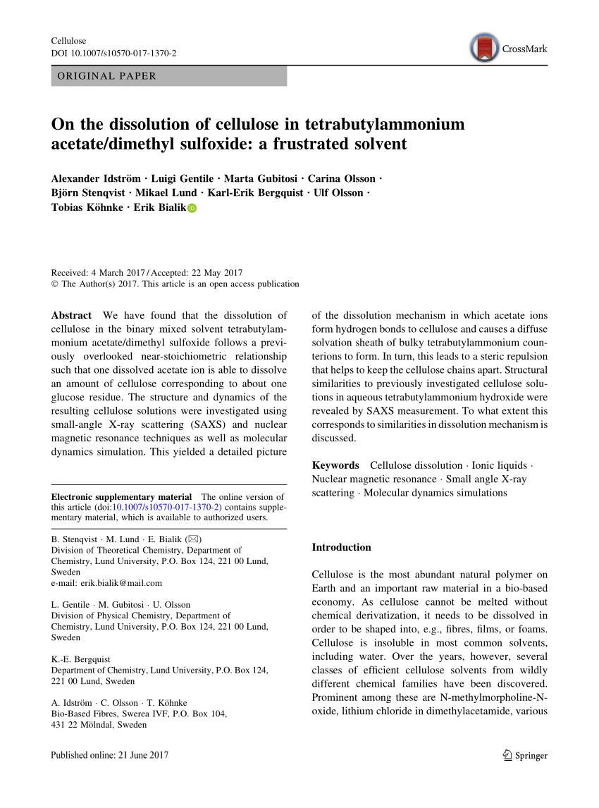 Pdf On The Dissolution Of Cellulose In Tetrabutylammonium Acetate Dimethyl Sulfoxide A Frustrated Solvent