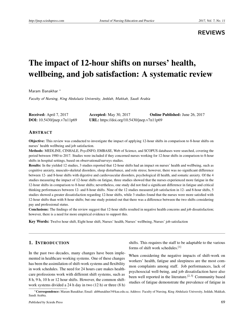 Pdf The Impact Of 12 Hour Shifts On Nurses Health Wellbeing And Job Satisfaction A Systematic Review