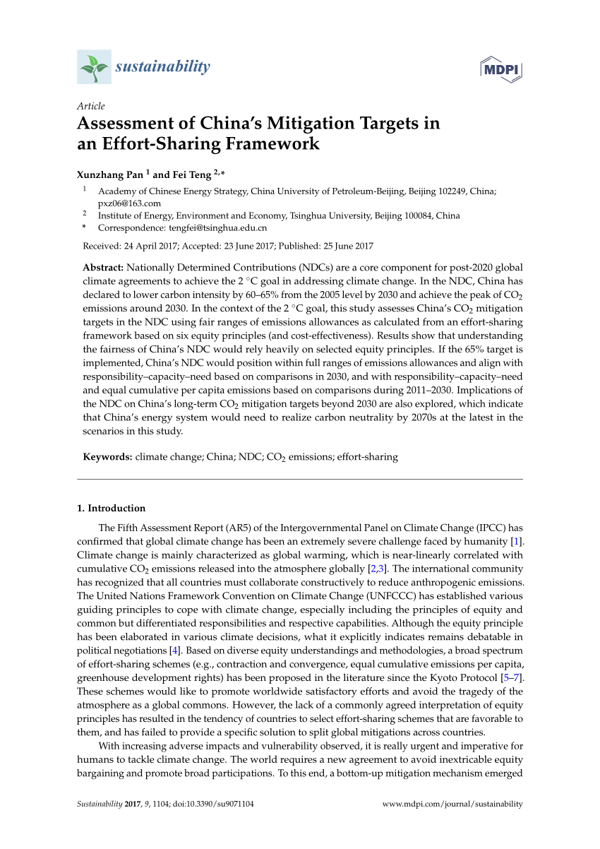 (PDF) Assessment of China’s Mitigation Targets in an EffortSharing