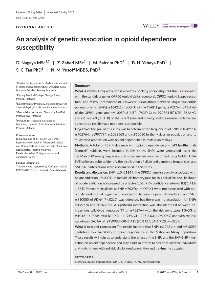 PDF) An Analysis of Genetic Association in Opioid Dependence 