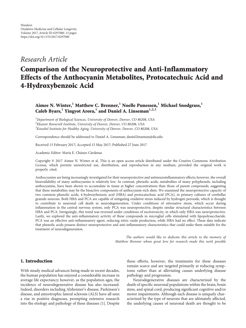 PDF) Comparison of the Neuroprotective and Anti-Inflammatory Effects of the  Anthocyanin Metabolites, Protocatechuic Acid and 4-Hydroxybenzoic Acid