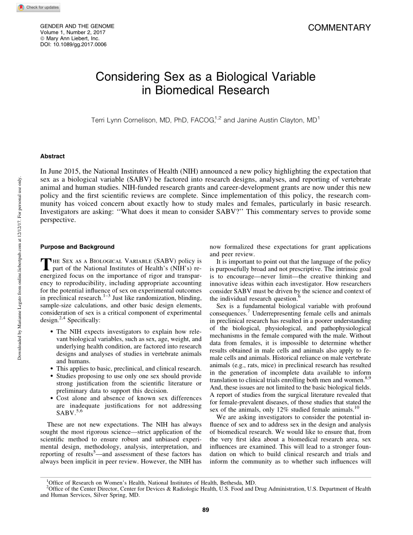 Pdf Considering Sex As A Biological Variable In Biomedical Research
