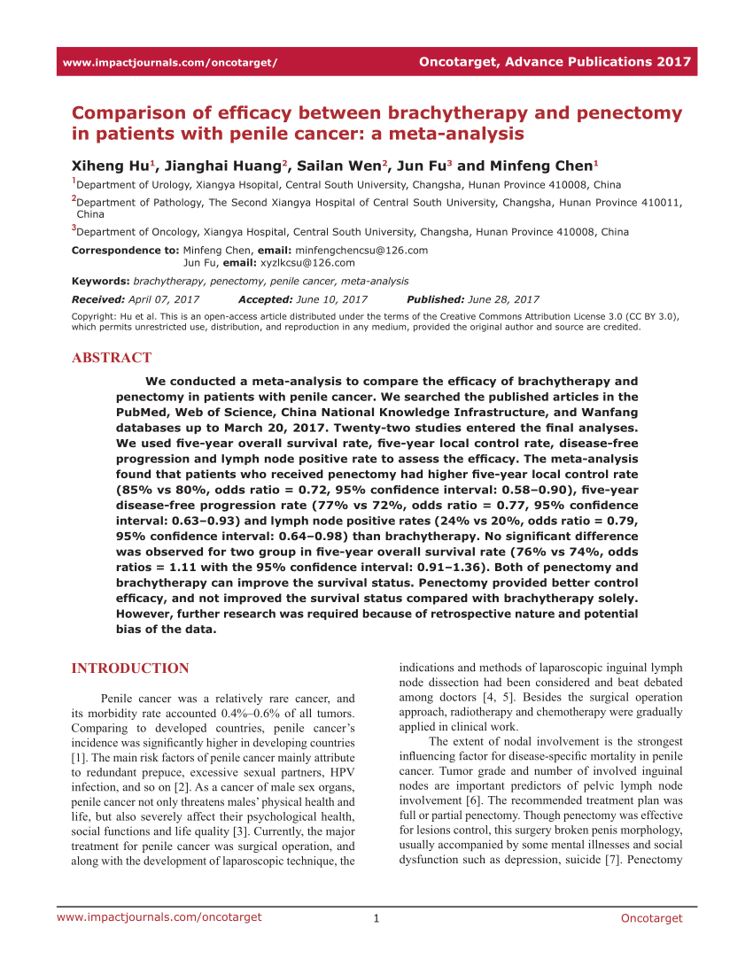 Pdf Comparison Of Efficacy Between Brachytherapy And Penectomy In Patients With Penile Cancer 3496