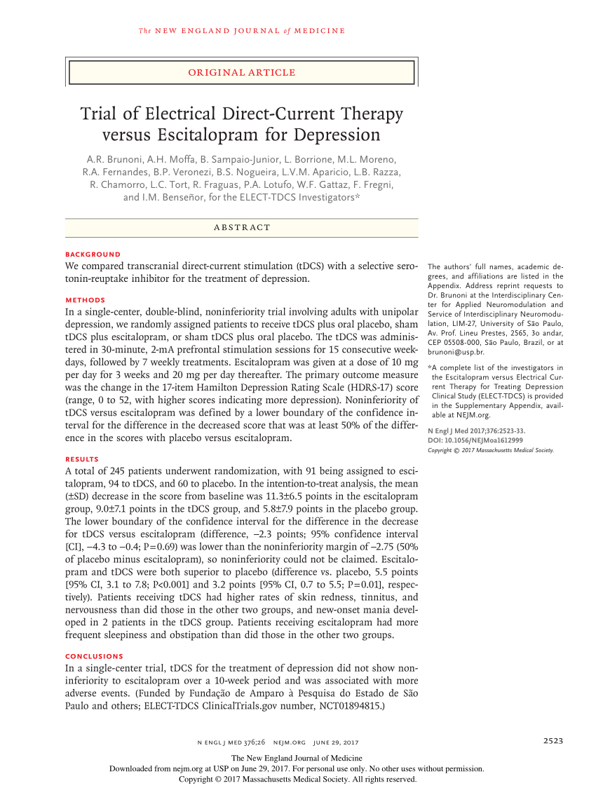 Pdf Trial Of Electrical Direct Current Therapy Versus Escitalopram For Depression