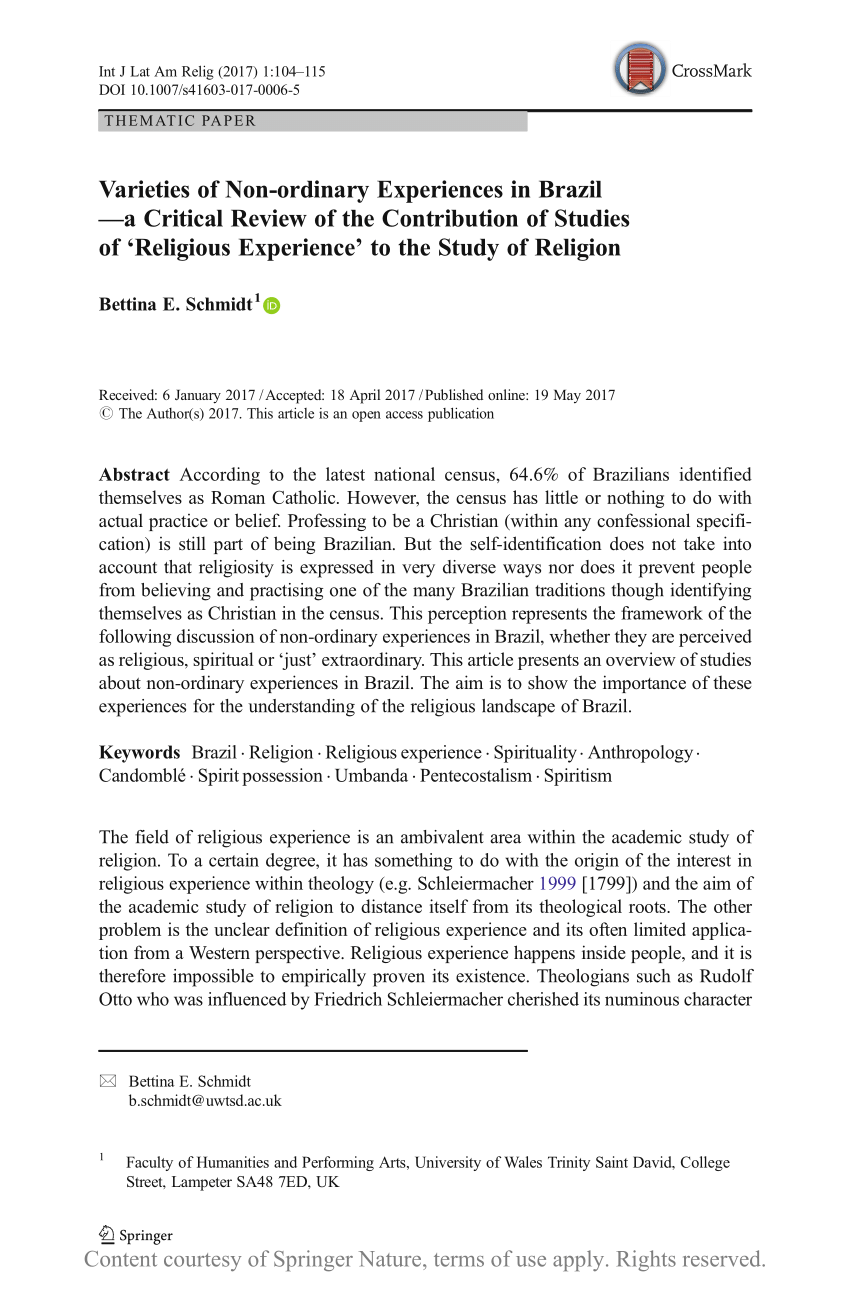 (PDF) Varieties of Non-ordinary Experiences in Brazil—a Critical Review of  the Contribution of Studies of 'Religious Experience' to the Study of  Religion
