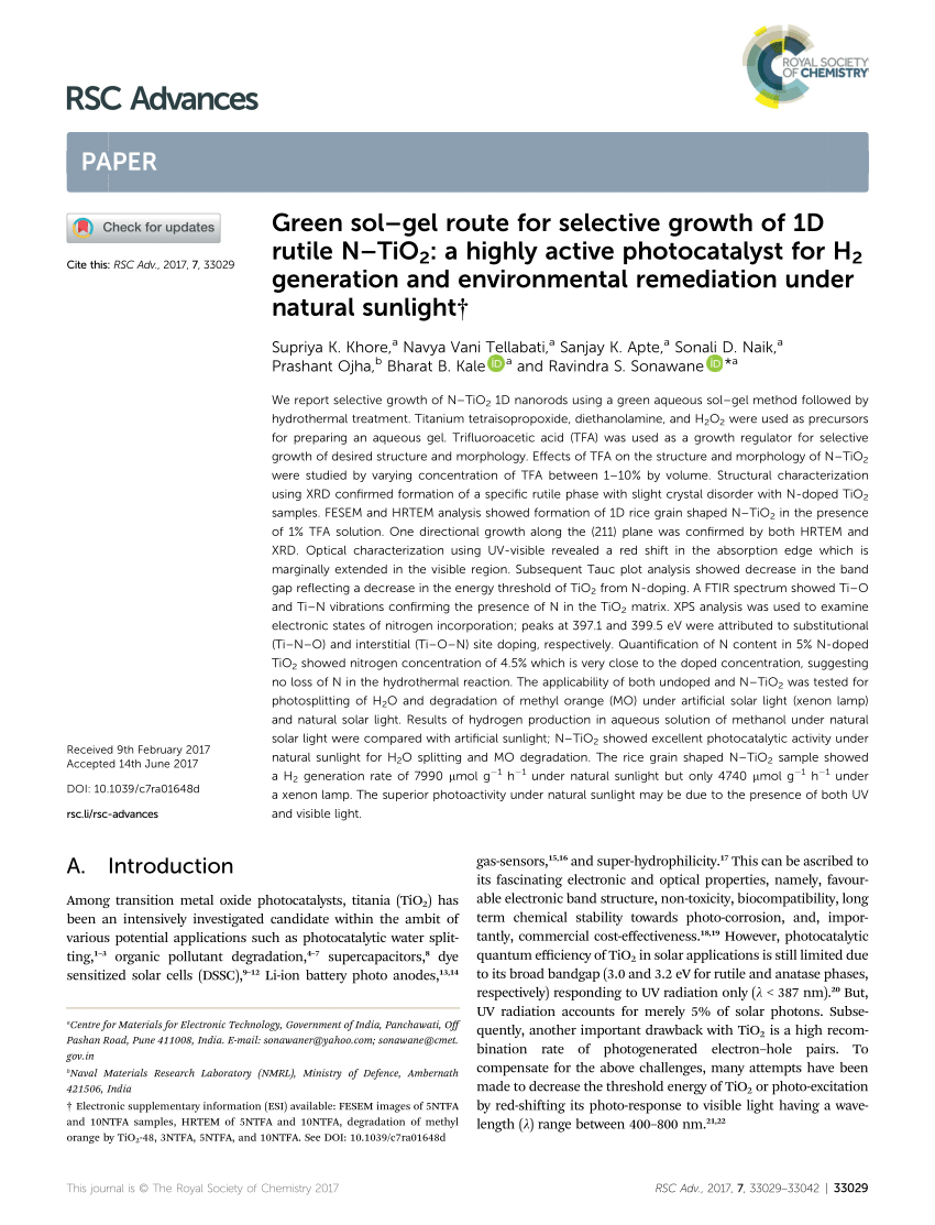 PDF) Green sol–gel route for selective growth of 1D rutile N–TiO 2 : a  highly active photocatalyst for H 2 generation and environmental  remediation under natural sunlight