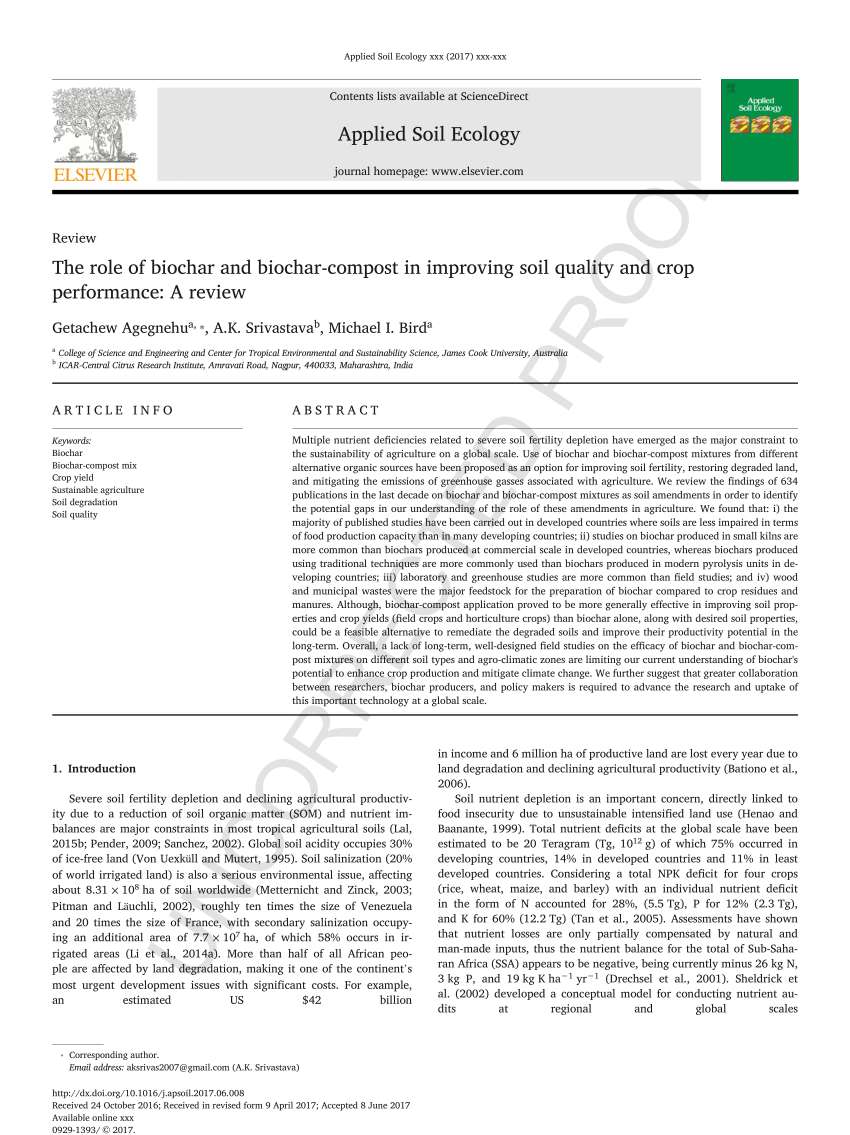 PDF) The role of biochar and biochar-compost in improving soil quality and  crop performance: A review