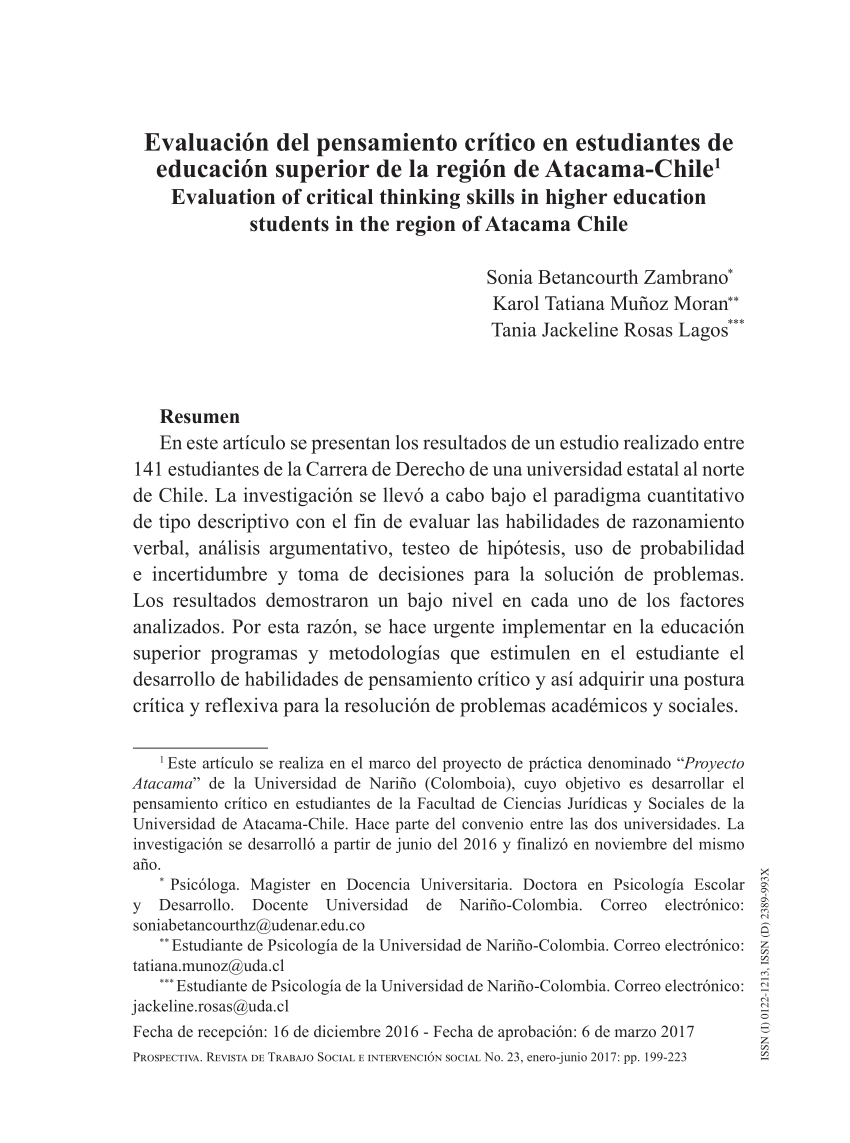 Pdf Evaluacion Del Pensamiento Critico En Estudiantes De Educacion Superior De La Region De Atacama Chile