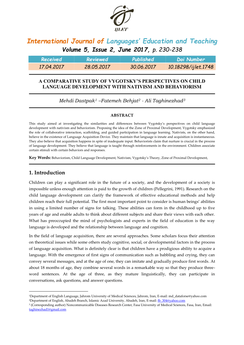 Edition sponsoreret dobbeltlag PDF) A COMPARATIVE STUDY OF VYGOTSKY'S PERSPECTIVES ON CHILD LANGUAGE  DEVELOPMENT WITH NATIVISM AND BEHAVIORISM