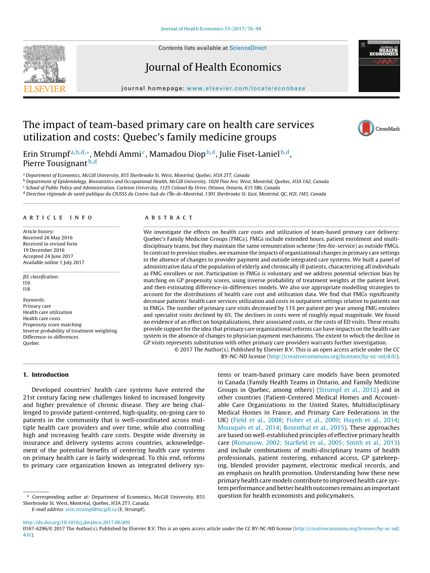 Pdf The Impact Of Team Based Primary Care On Health Care Services Utilization And Costs Quebec S Family Medicine Groups