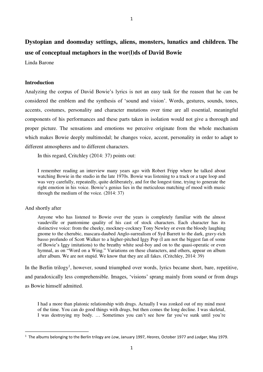 Pdf Dystopian And Doomsday Settings Aliens Monsters Lunatics And Children The Use Of Conceptual Metaphors In The Wor L Ds Of David Bowie