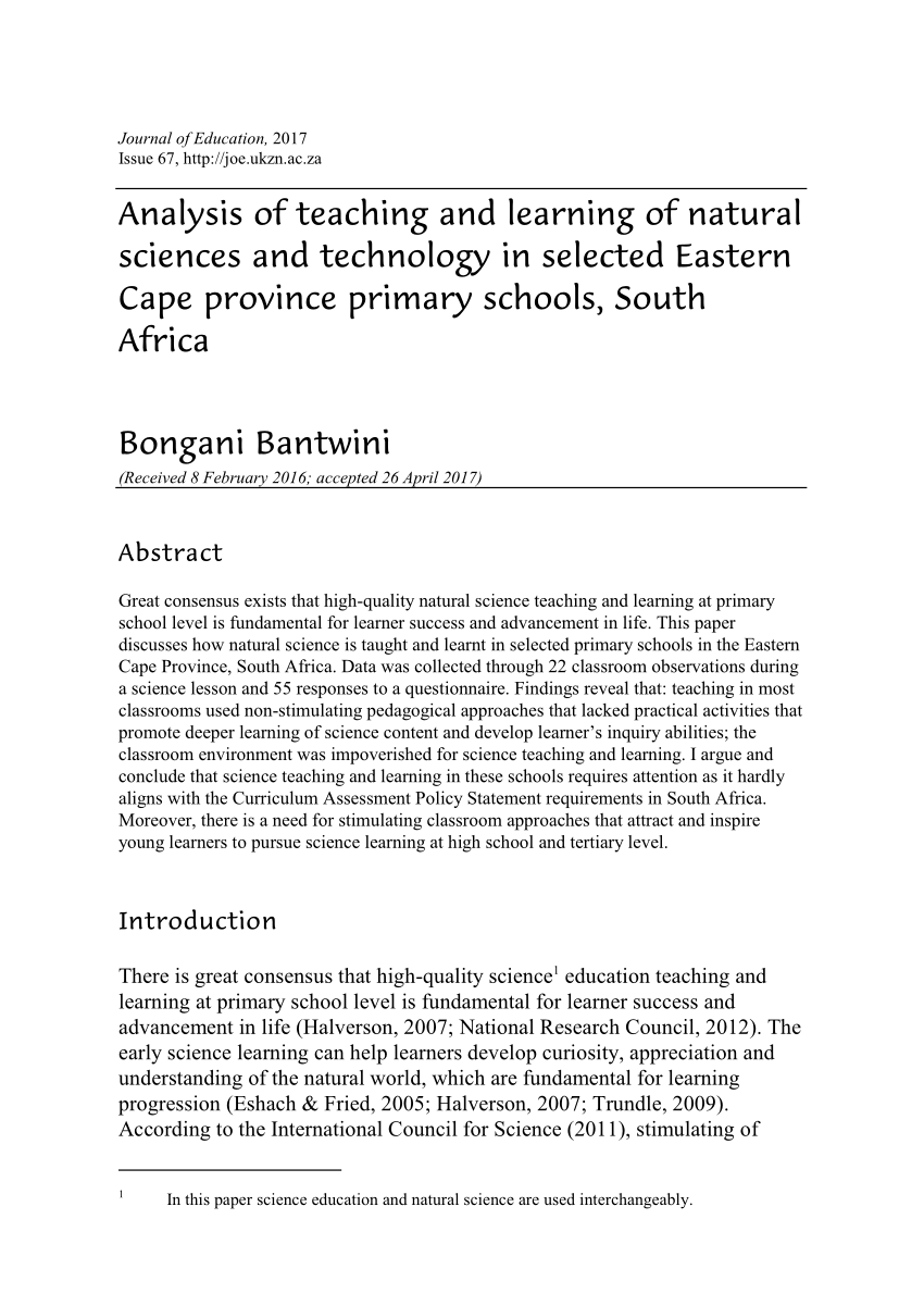 pdf analysis of teaching and learning of natural sciences and technology in selected eastern cape province primary schools south africa