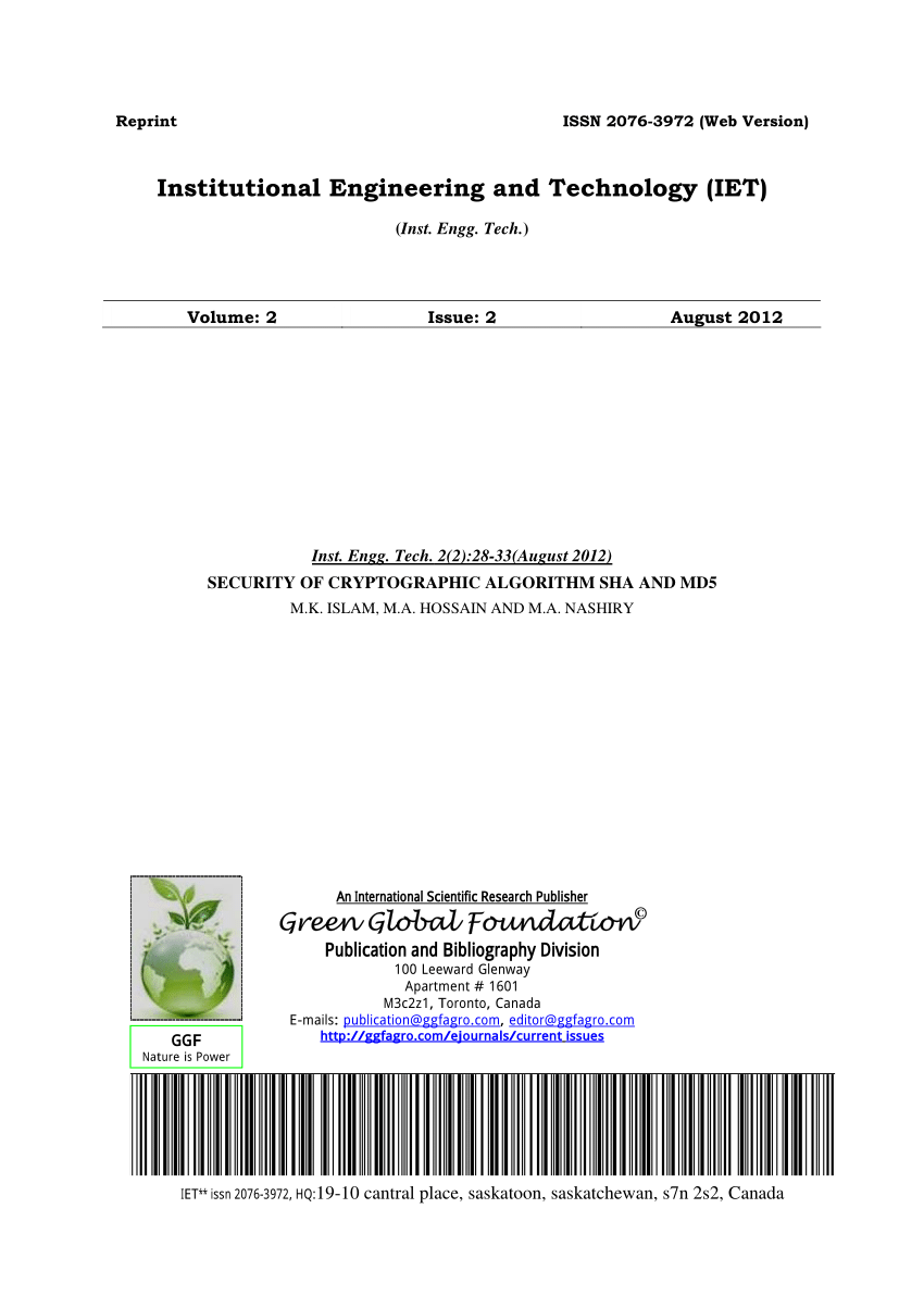 PDF) SECURITY OF CRYPTOGRAPHIC ALGORITHM SHA AND MD5