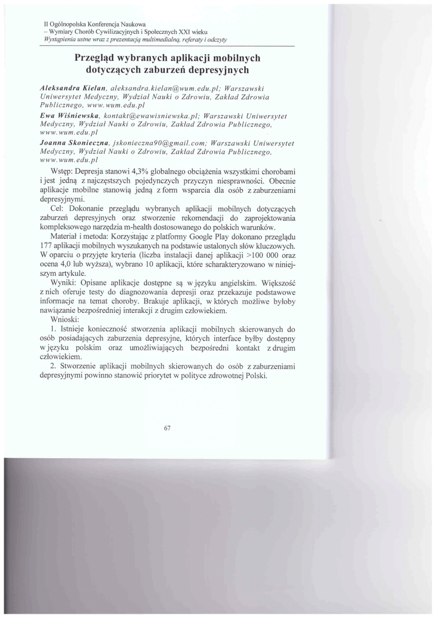 Pdf Przegląd Wybranych Aplikacji Mobilnych Dotyczących Zaburzeń Depresyjnych 3542