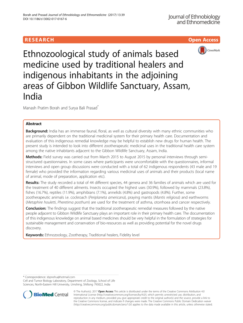 PDF) Ethnozoological study of animals based medicine used by traditional  healers and indigenous inhabitants in the adjoining areas of Gibbon Wildlife  Sanctuary, Assam, India