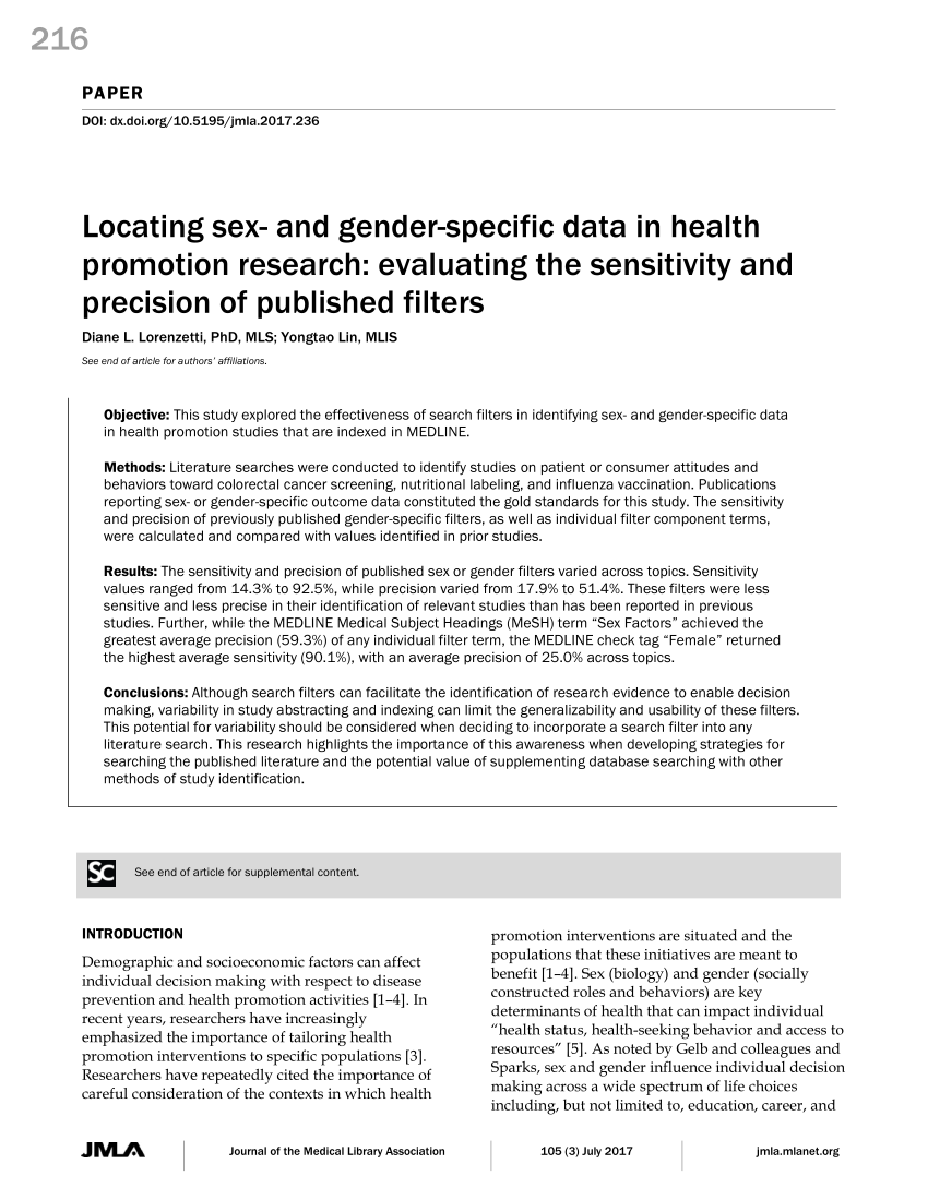 PDF) Locating sex- and gender-specific data in health promotion research:  Evaluating the sensitivity and precision of published filters