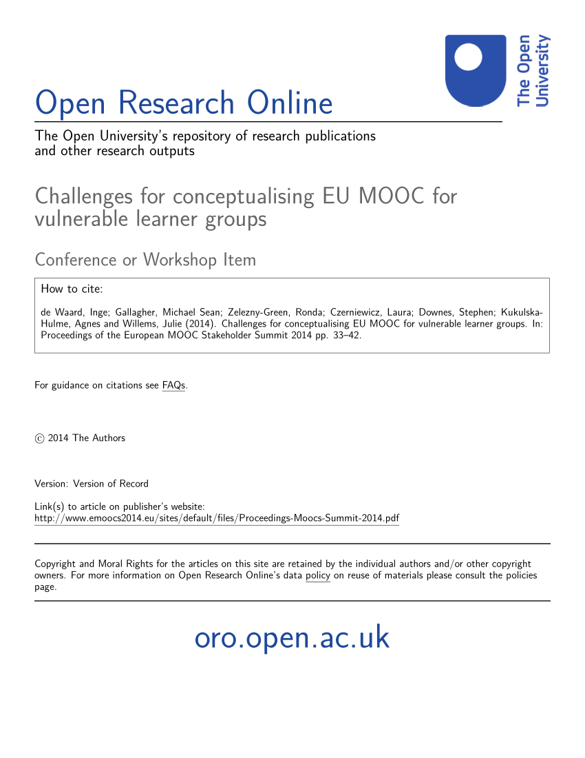 Pdf Challenges For Conceptualising Eu Moocs For Vulnerable Learner Groups