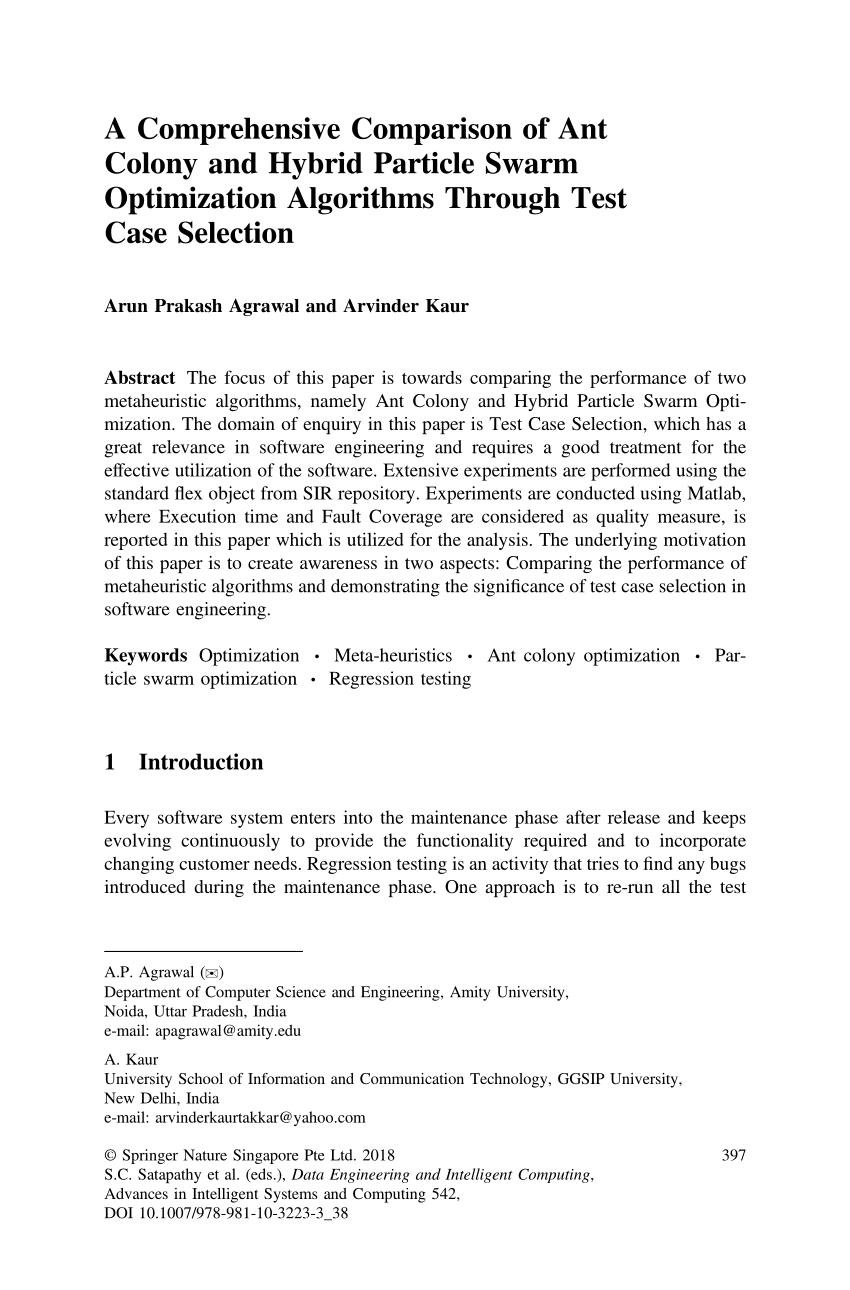 PDF) A Comprehensive Comparison of Ant Colony and Hybrid Particle Swarm  Optimization Algorithms Through Test Case Selection