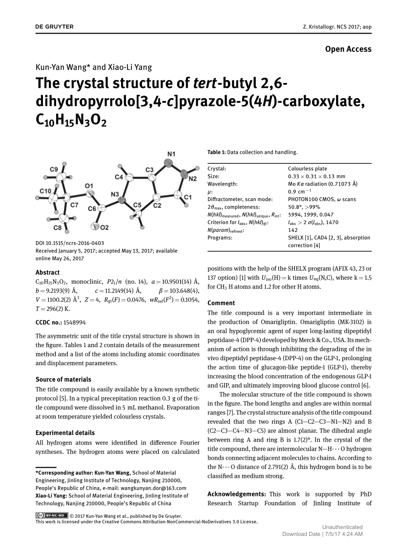 Pdf The Crystal Structure Of Tert Butyl 2 6 Dihydropyrrolo 3 4 C Pyrazole 5 4h Carboxylate C10h15n3o2