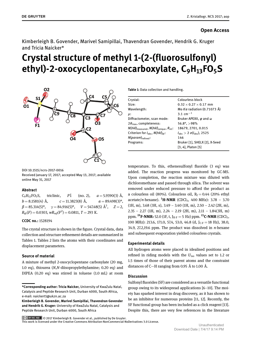 Pdf Crystal Structure Of Methyl 1 2 Fluorosulfonyl Ethyl 2 Oxocyclopentanecarboxylate C9h13fo5s