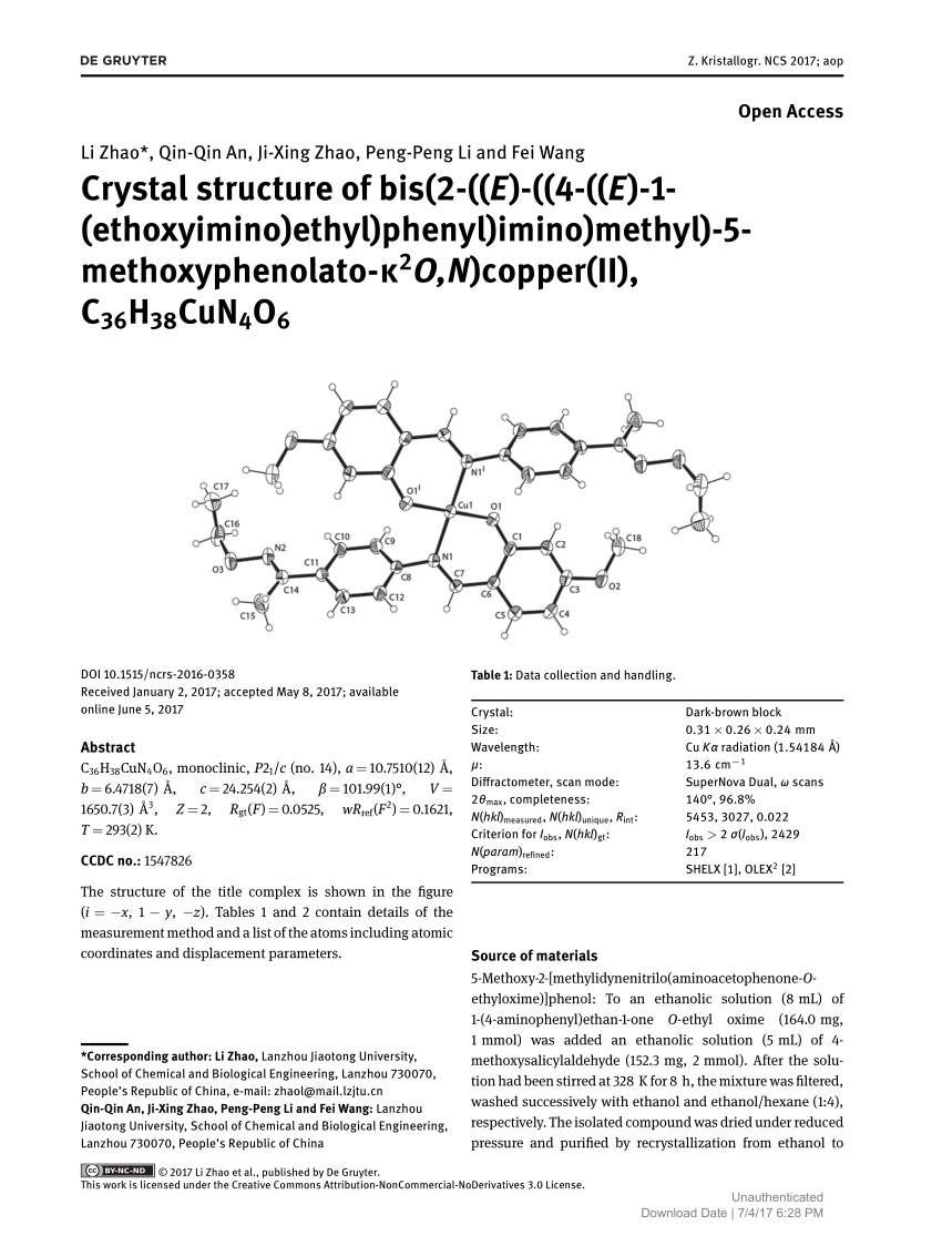 Pdf Crystal Structure Of Bis 2 E 4 E 1 Ethoxyimino Ethyl Phenyl Imino Methyl 5 Methoxyphenolato K2o N Copper Ii C36h38cun4o6