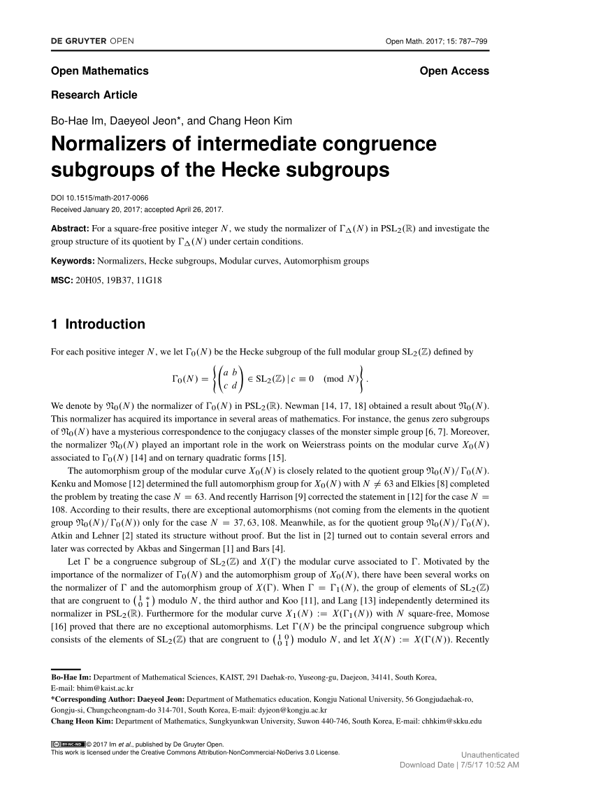 Pdf Normalizers Of Intermediate Congruence Subgroups Of The Hecke Subgroups