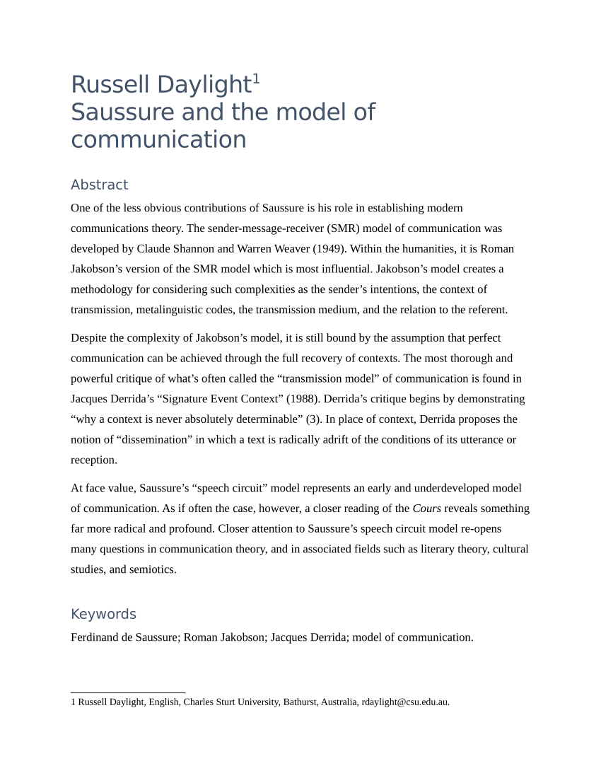 Pdf Saussure And The Model Of Communication