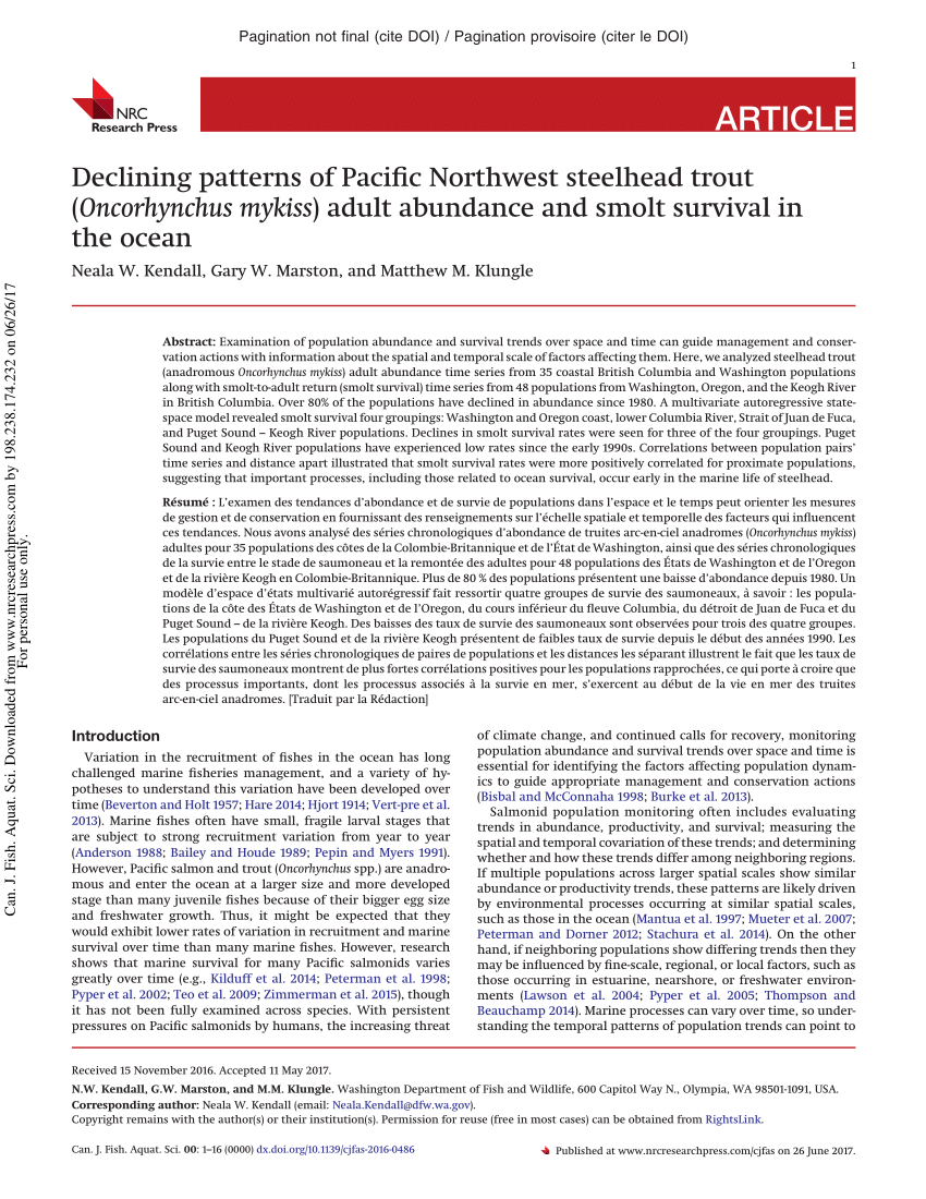 PDF) Declining patterns of Pacific Northwest steelhead trout ( Oncorhynchus  mykiss ) adult abundance and smolt survival in the ocean