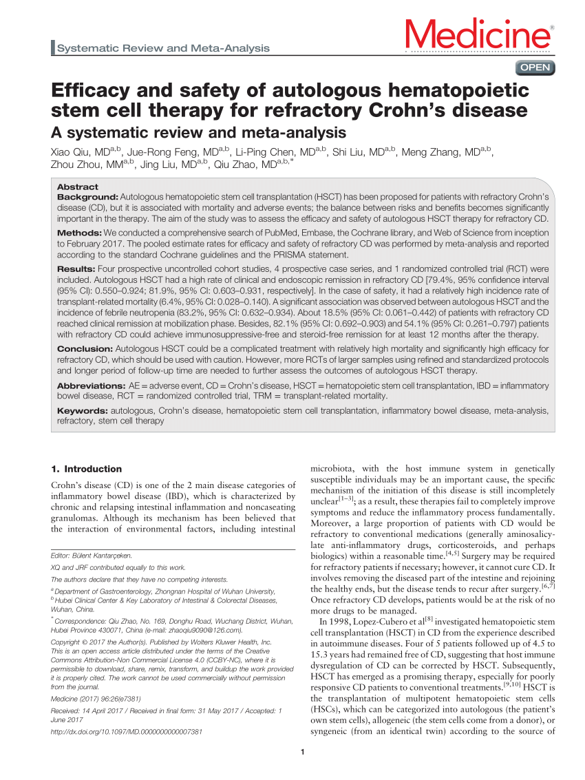 Pdf Efficacy And Safety Of Autologous Hematopoietic Stem Cell Therapy For Refractory Crohns 