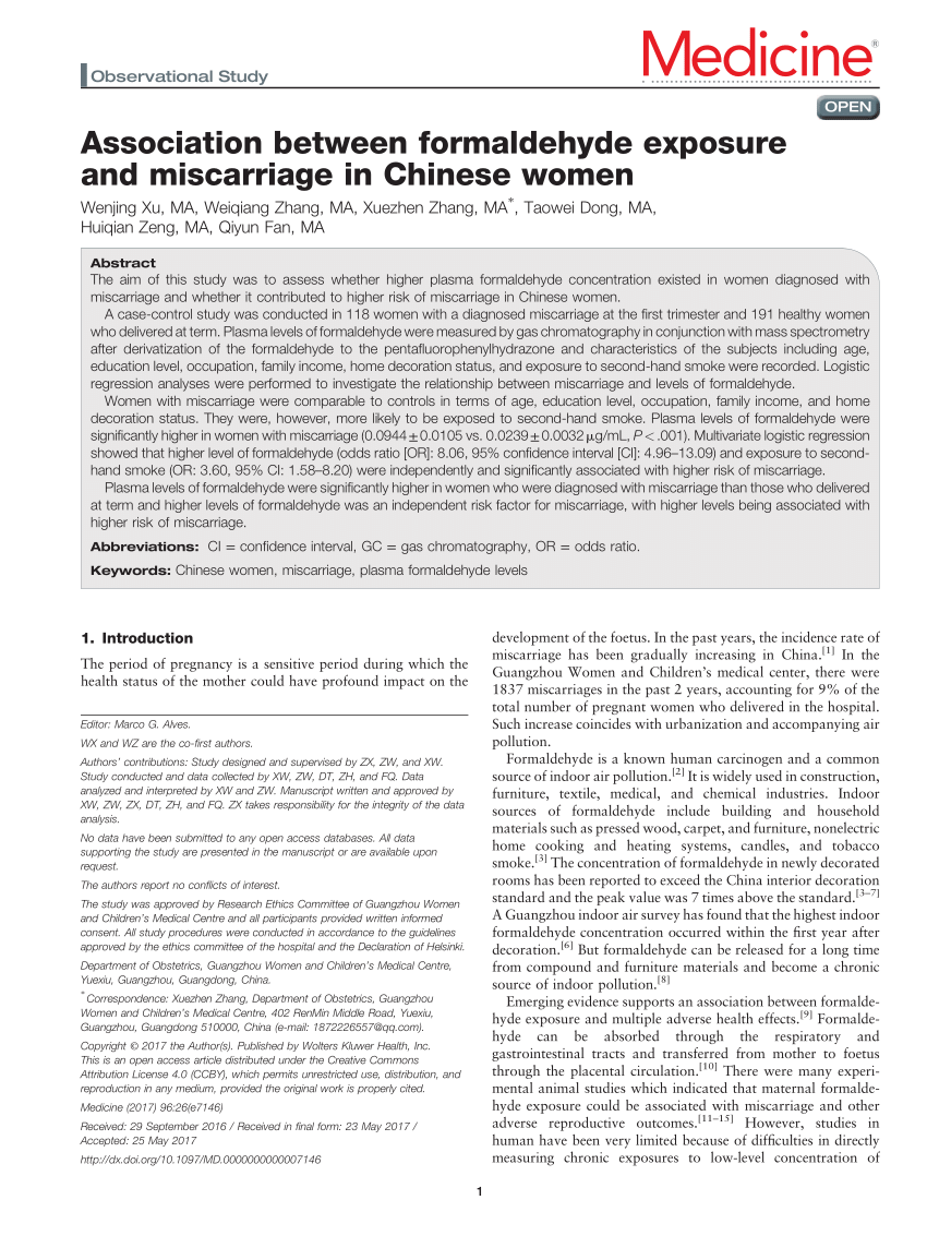 Pdf Association Between Formaldehyde Exposure And Miscarriage In Chinese Women