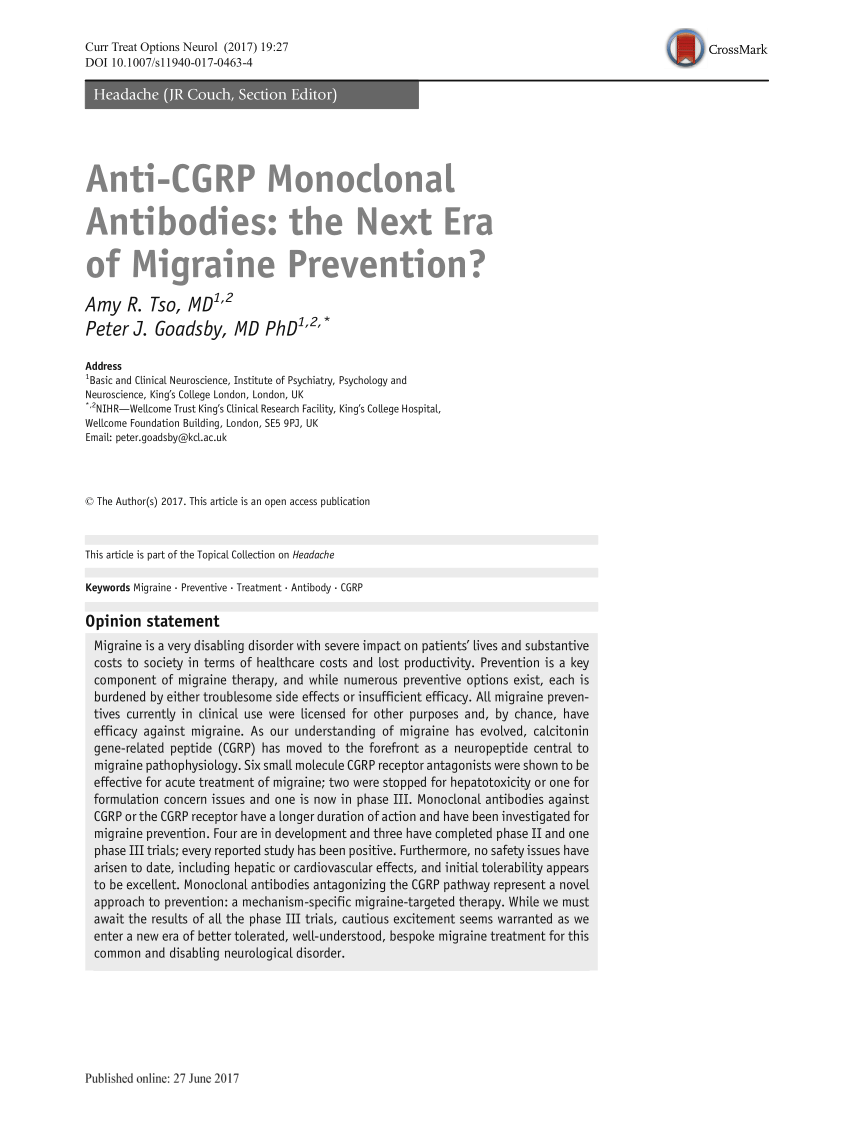 PDF) Anti-CGRP Monoclonal Antibodies: the Next Era of Migraine Prevention?