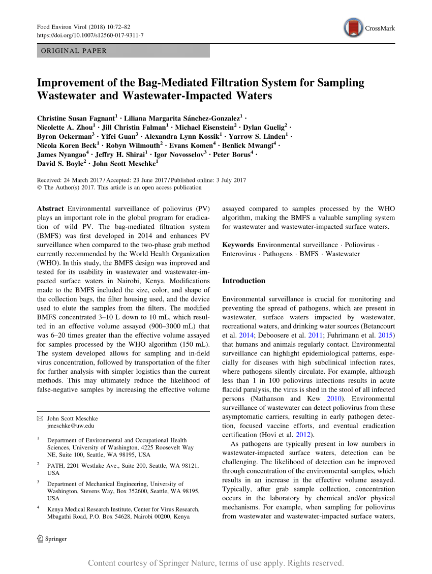 Pdf Improvement Of The Bag Mediated Filtration System For Sampling Wastewater And Wastewater Impacted Waters