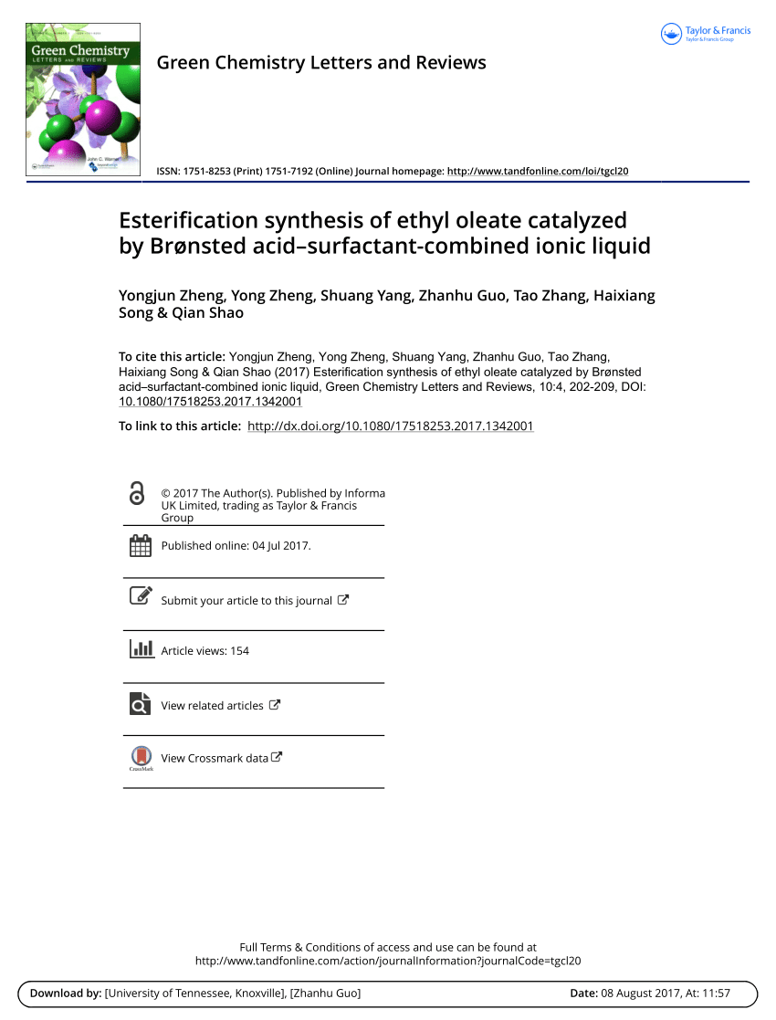 Pdf Esterification Synthesis Of Ethyl Oleate Catalyzed By Brønsted