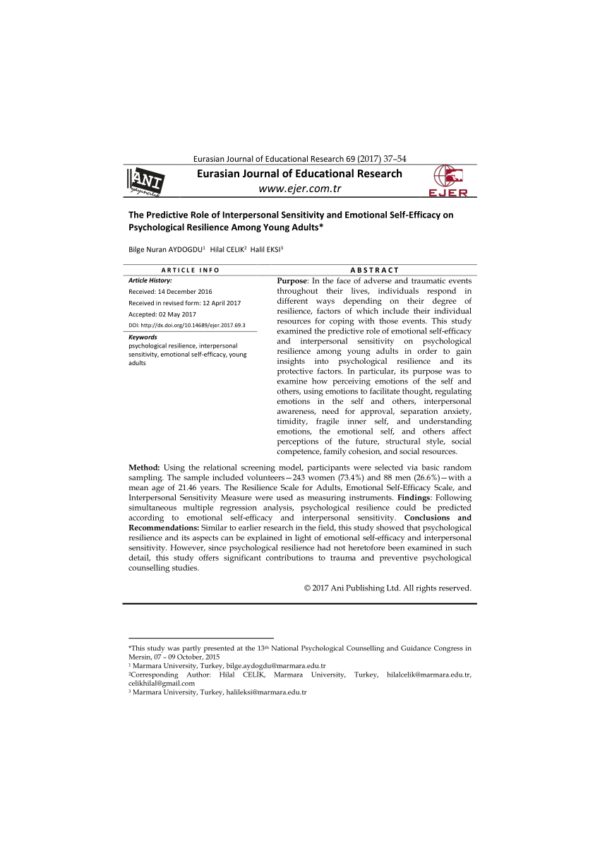 pdf the predictive role of interpersonal sensitivity and emotional self efficacy on psychological resilience among young adults