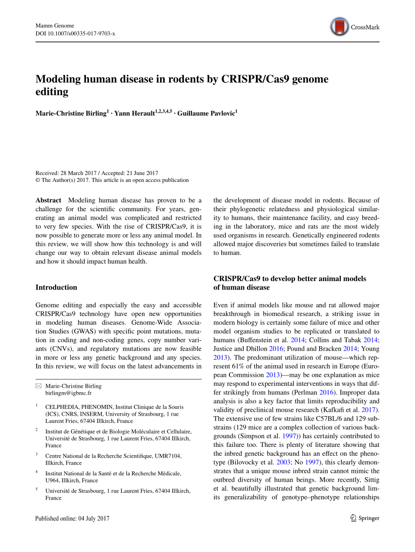 Pdf Modeling Human Disease In Rodents By Crispr Cas9 Genome Editing