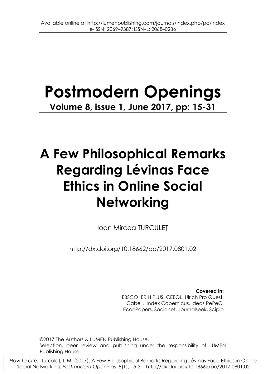 Pdf A Few Philosophical Remarks Regarding Levinas Face Ethics In Online Social Networking