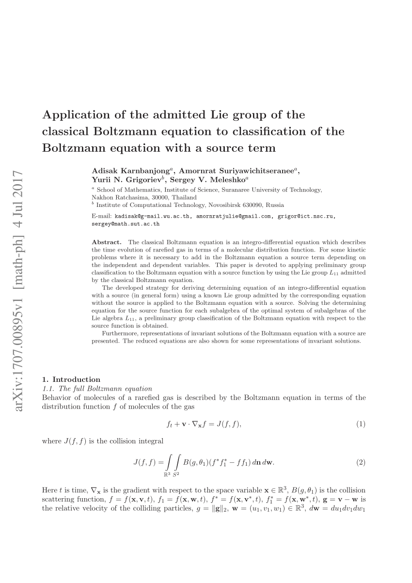 Pdf Application Of The Admitted Lie Group Of The Classical Boltzmann Equation To Classification Of The Boltzmann Equation With A Source Term