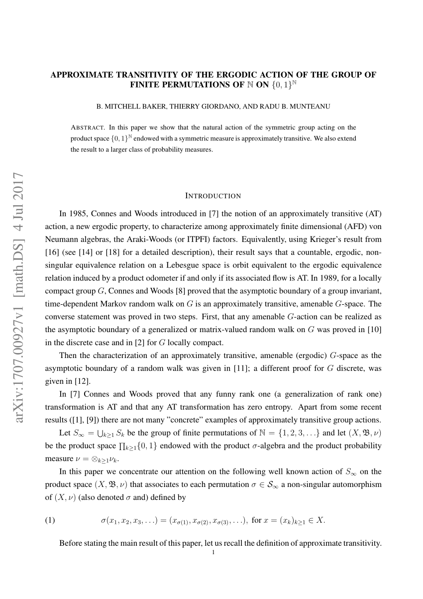 Pdf Approximate Transitivity Of The Ergodic Action Of The Group Of Finite Permutations Of N On 0 1 N