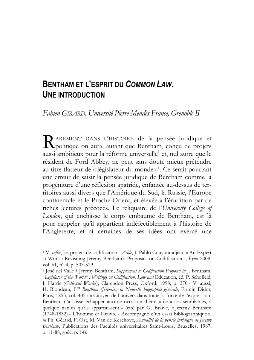 Pdf Bentham Et L Esprit Du Common Law