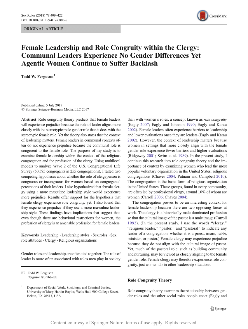 Female Leadership and Role Congruity within the Clergy: Communal Leaders  Experience No Gender Differences Yet Agentic Women Continue to Suffer  Backlash | Request PDF