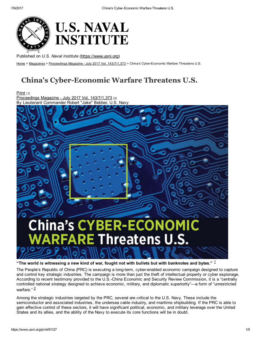 (PDF) China's Cyber-Economic Warfare Threatens U.S.