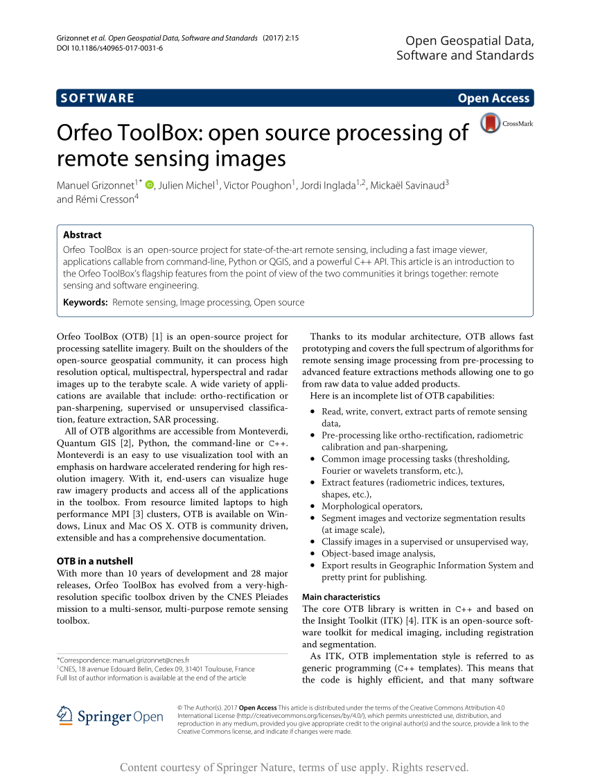 PDF) Orfeo ToolBox: open source processing of remote sensing images