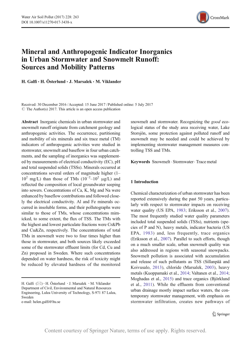 (PDF) Mineral and Anthropogenic Indicator Inorganics in Urban Stormwater  and Snowmelt Runoff: Sources and Mobility Patterns