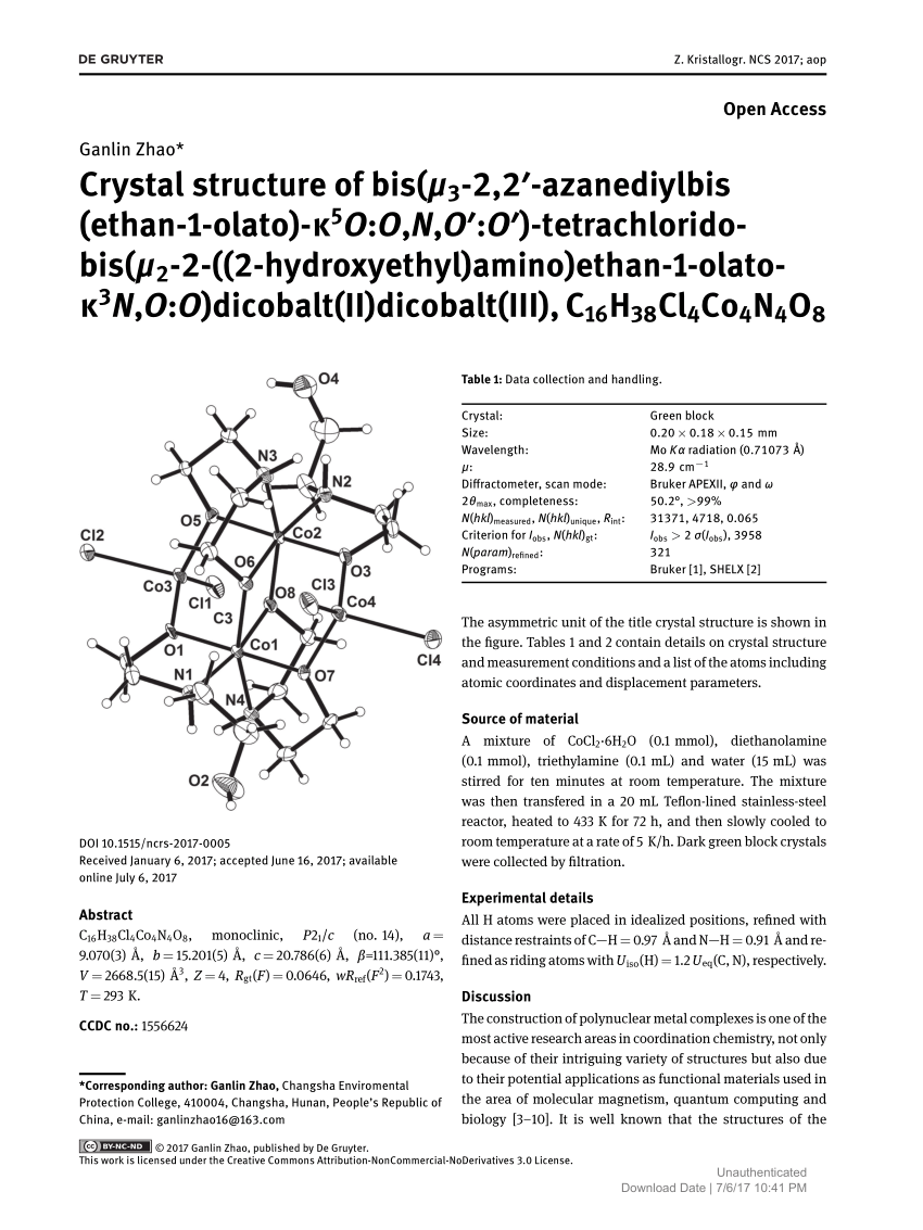 Pdf Crystal Structure Of Bis M3 2 2 Azanediylbis Ethan 1 Olato K5o O N O O Tetrachlorido Bis M2 2 2 Hydroxyethyl Amino Ethan 1 Olato K3n O O Dicobalt Ii Dicobalt Iii C16h38cl4co4n4o8