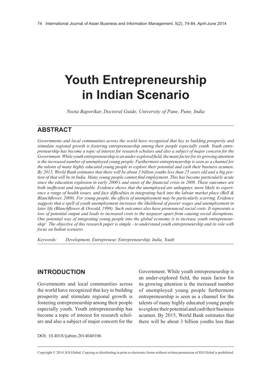 research paper on youth entrepreneurship in india